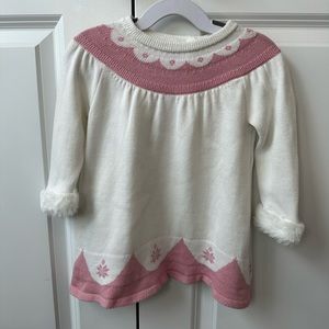 Janie and Jack Girls Cream and Pink Sweater Dress w/ Faux Fur Cuffs (Sz 6-12 Mo)